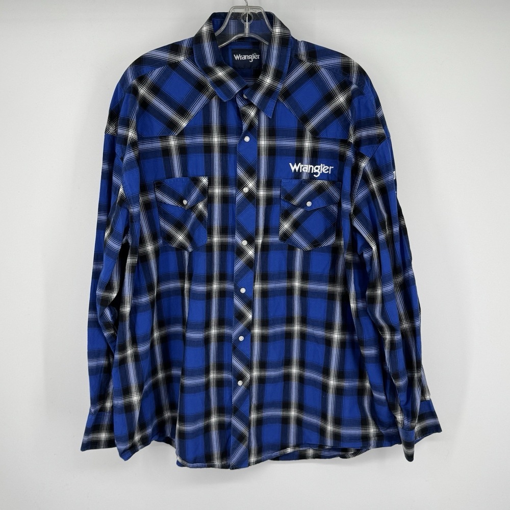 Wrangler Plaid Western Pearl Snap Shirt XXL Blue Y2K Cowboy Rodeo Workwear - Picture 2 of 9